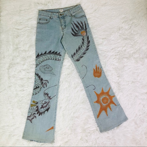 Cache Denim - Cache Beaded Rhinestone Dragon Jeans Size 0